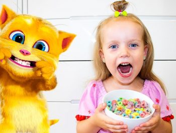 Gaby and Alex Playing with funny Cat and eats Breakfast