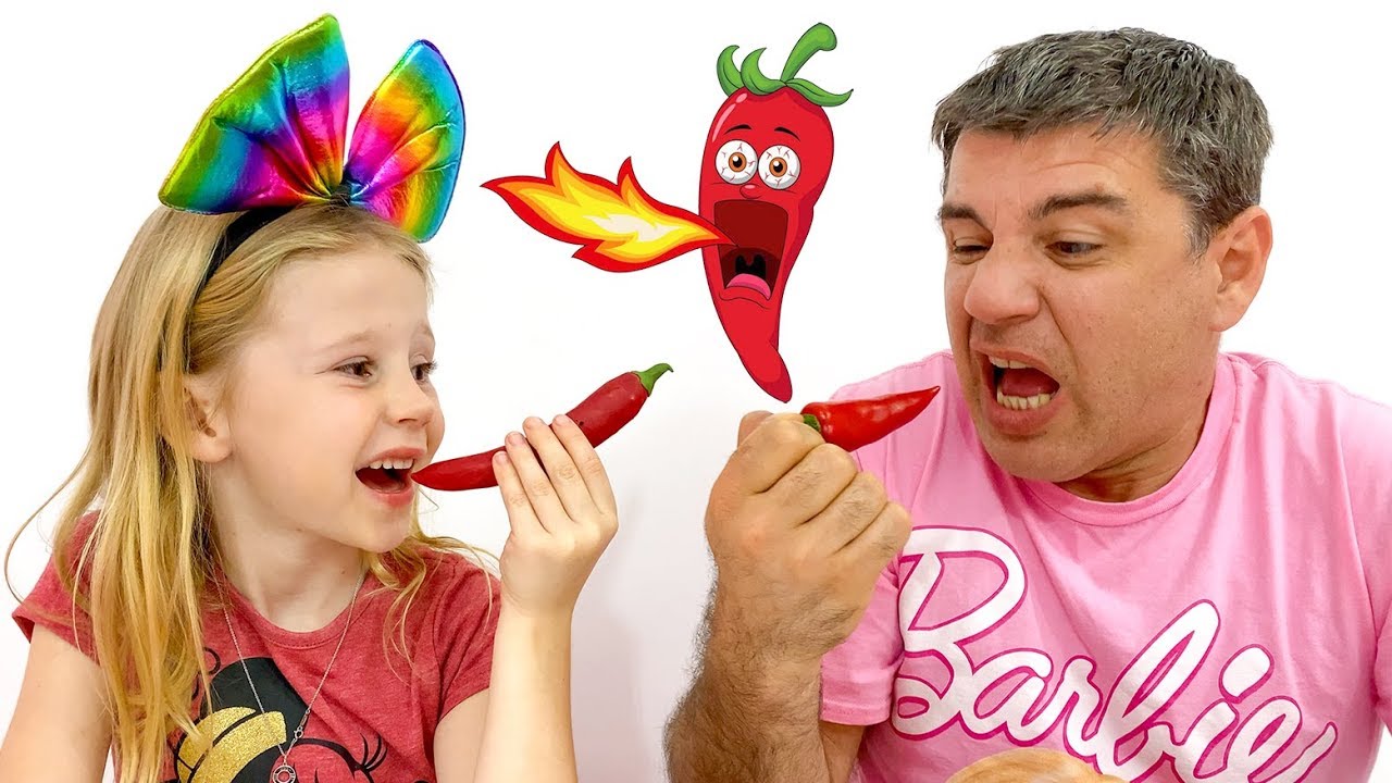 Stacy plays chocolate vegetables with dad in challenge