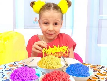 Nastya and dad are preparing colored noodles