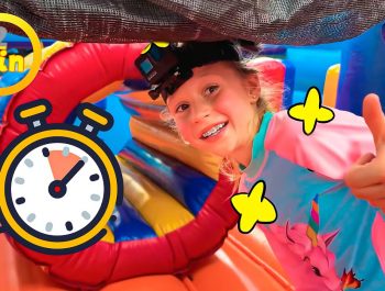 Nastya with friends pass the challenge on the trampoline