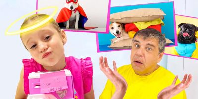 Nastya and dad take care of a cute puppy